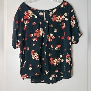 Madewell Floral Blouse - Dark Green with Red and White
